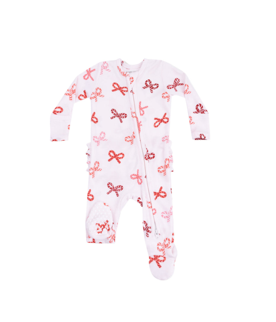 Candy Cane Bows Zippered Footie