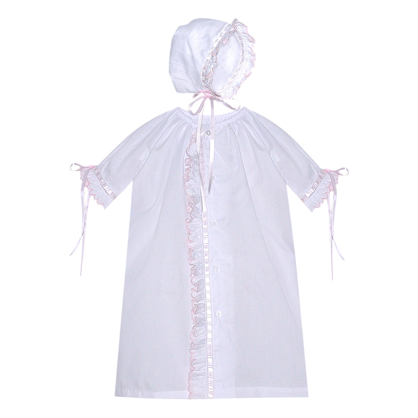 White Finn Scallop Pink Daygown and Bonnet