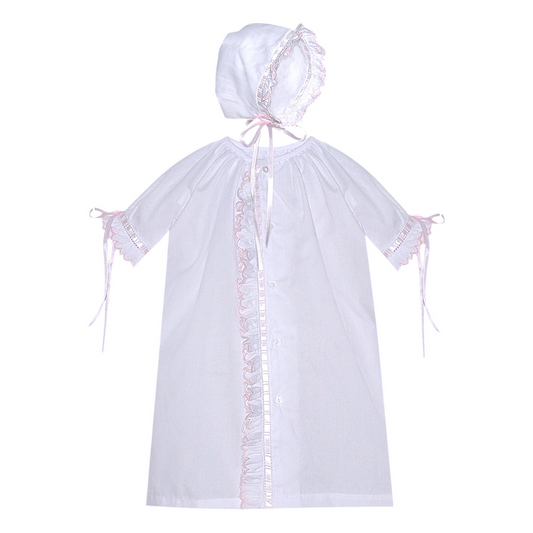 White Finn Scallop Pink Daygown and Bonnet