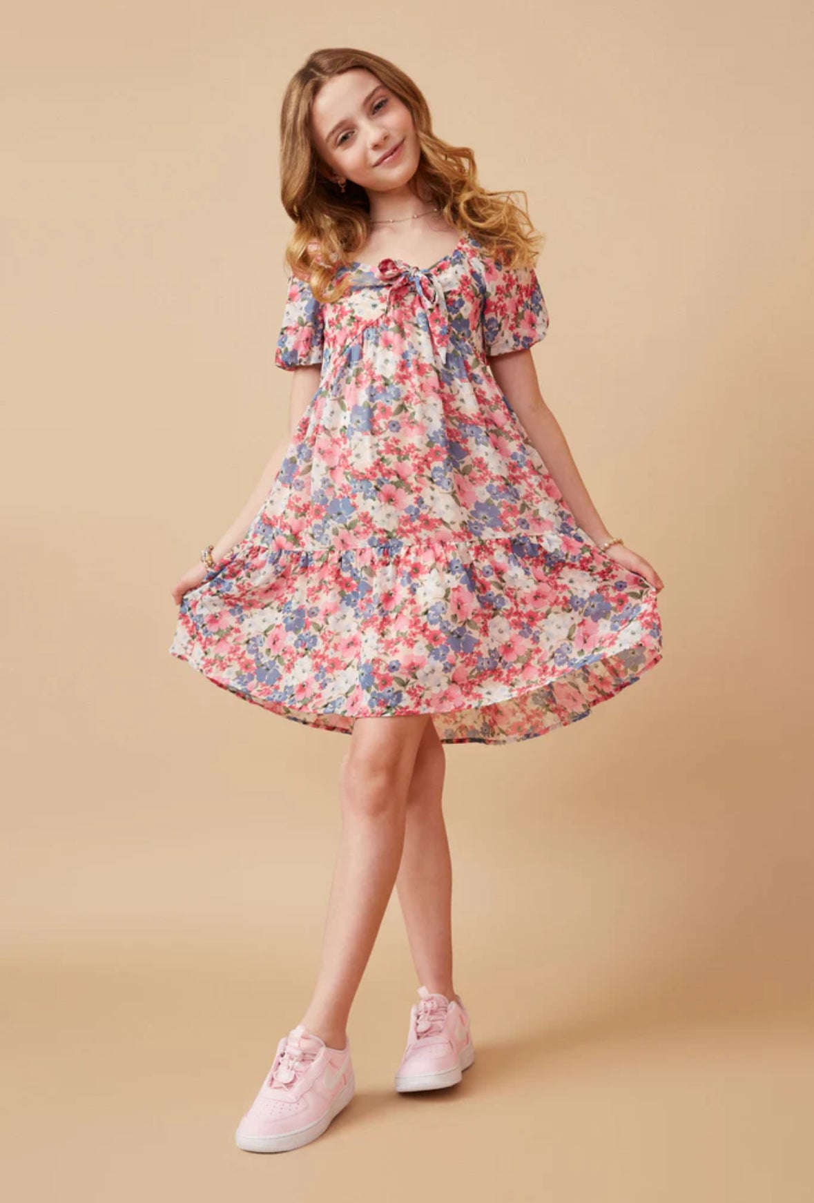 Spring Floral Puff Sleeve Bow Front Dress