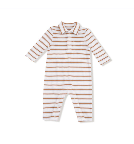 Polo Romper-Vintage Brown Stripe