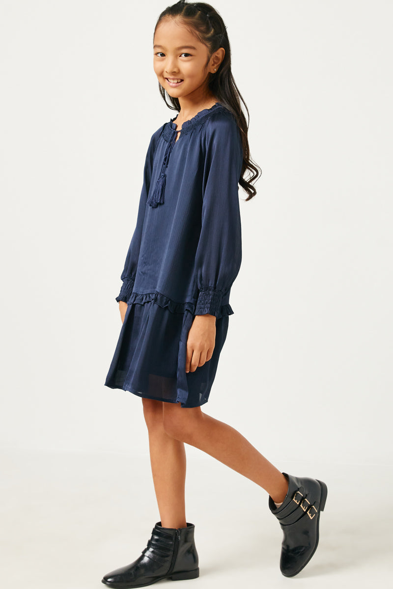 Satin Smocked Cuff Tie Neck Dress