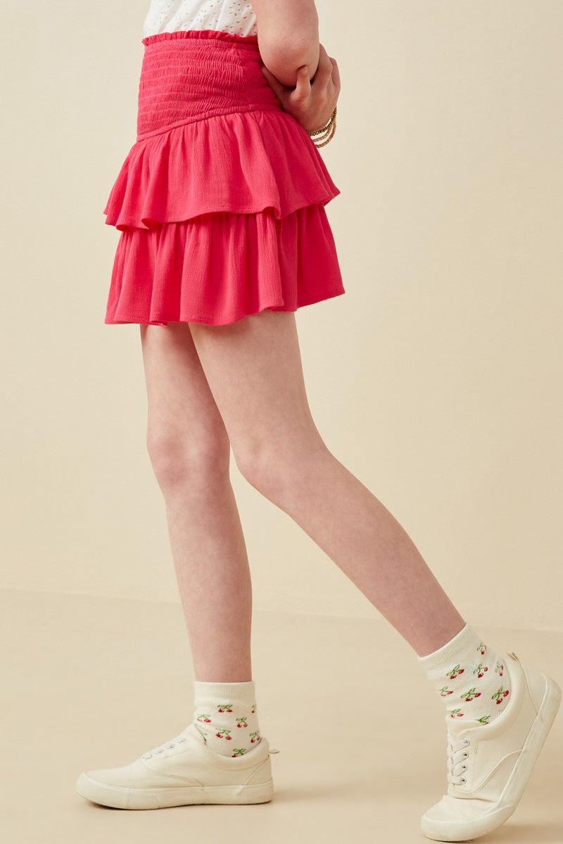 Smocked Ruffle Tiered Skort-Fuchsia