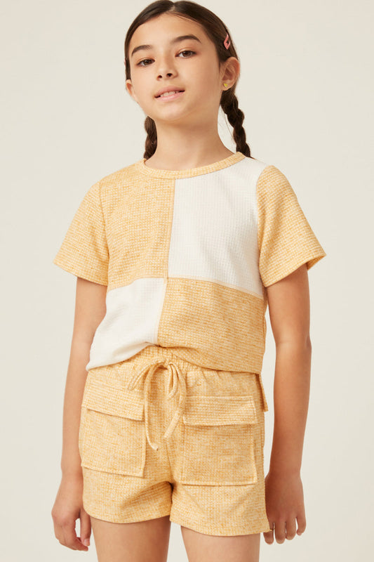 Mustard Block Panel Waffle Knit Top & Pocket Shorts