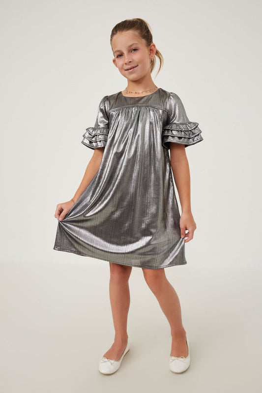 Silver Metallic Ruffle Sleeve Dress