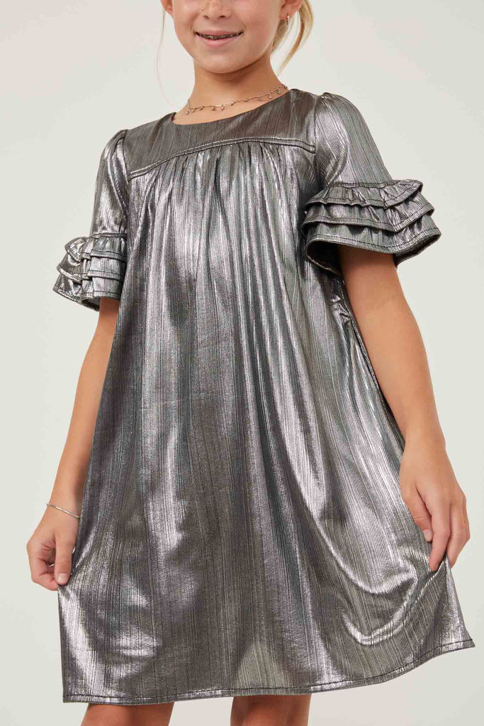 Silver Metallic Ruffle Sleeve Dress