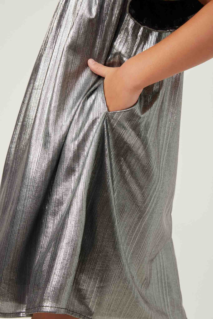 Silver Metallic Ruffle Sleeve Dress