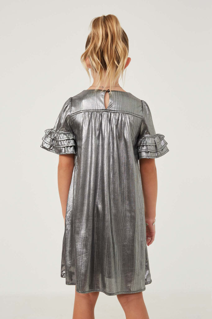 Silver Metallic Ruffle Sleeve Dress