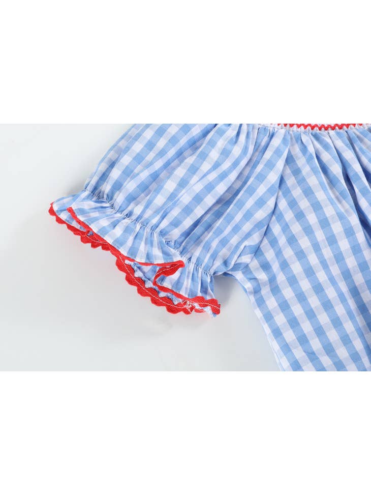 Blue Gingham School Supplies Smocked Bishop Dress