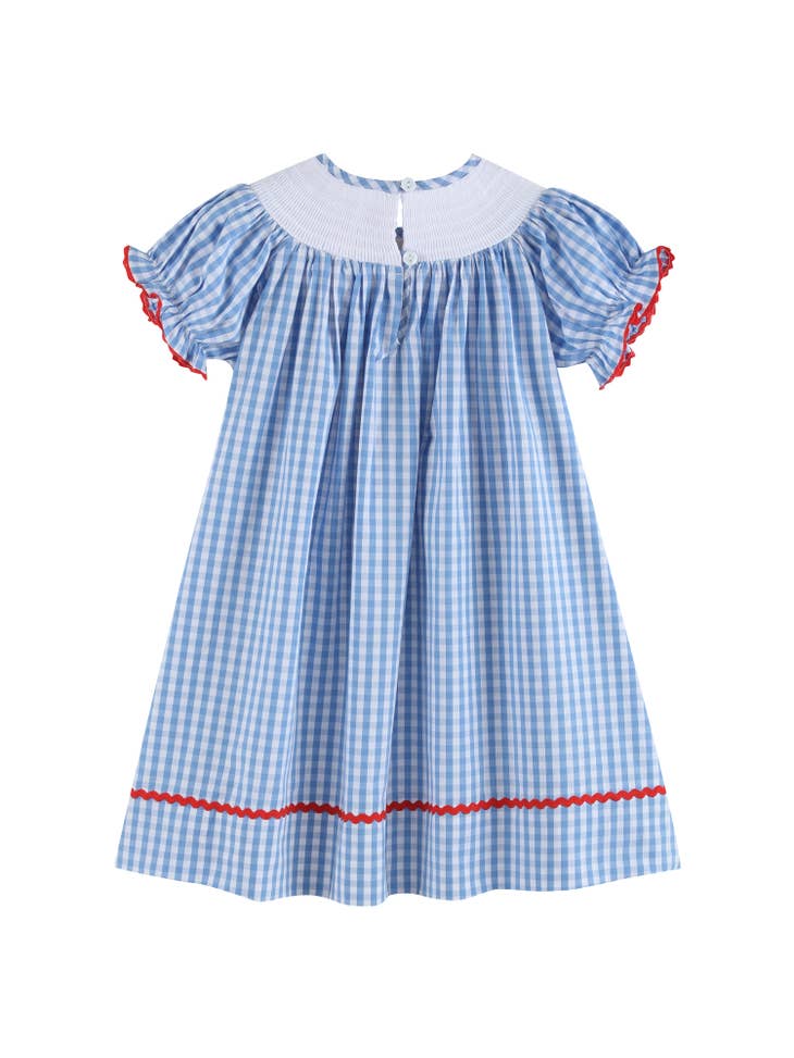 Blue Gingham School Supplies Smocked Bishop Dress