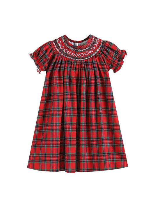 Red Christmas Plaid Smocked Bishop Dress