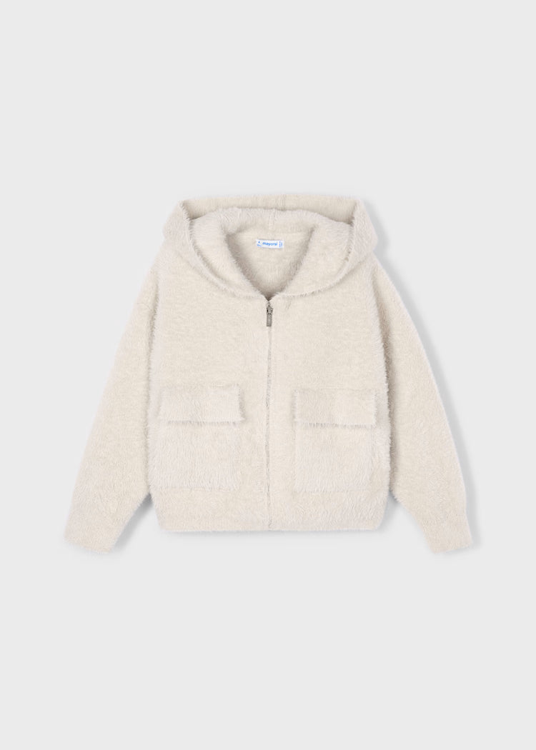 Furry Knit Zip Up-Beige