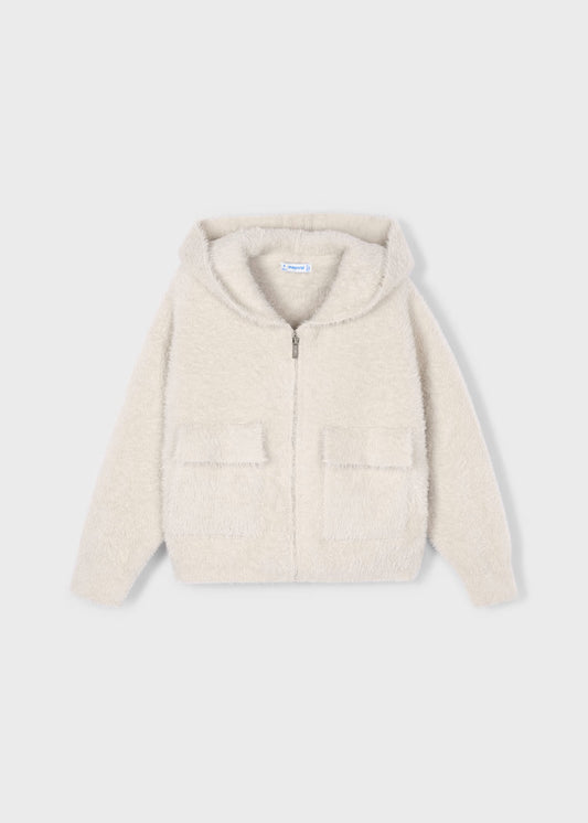 Furry Knit Zip Up-Beige