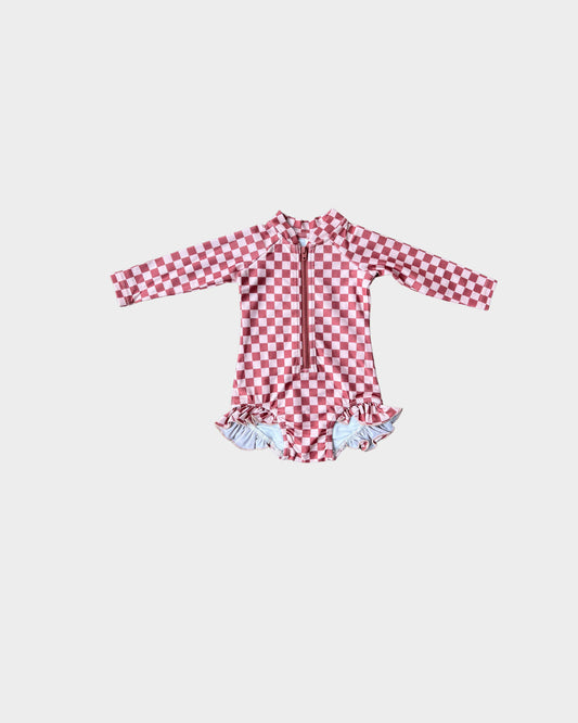 Strawberry Checkered Ruffle Rashguard Swimsuit