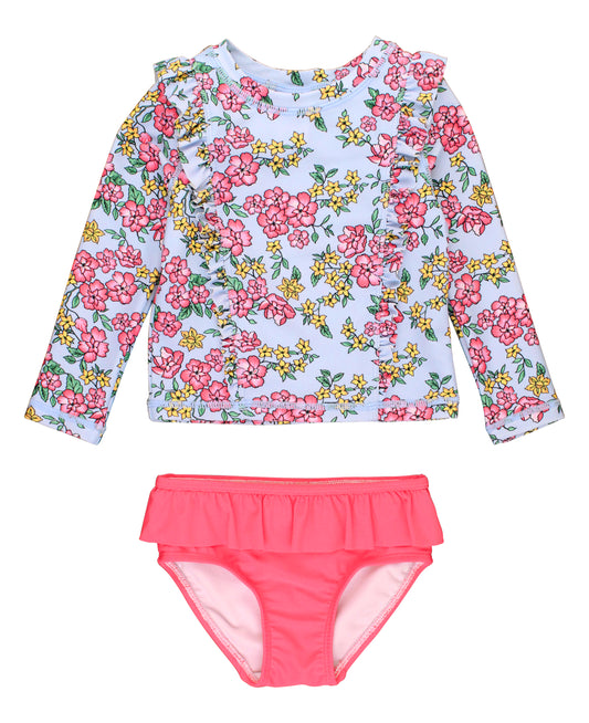 Cheerful Blossoms Princess Seam Ruffle Rash Guard Set