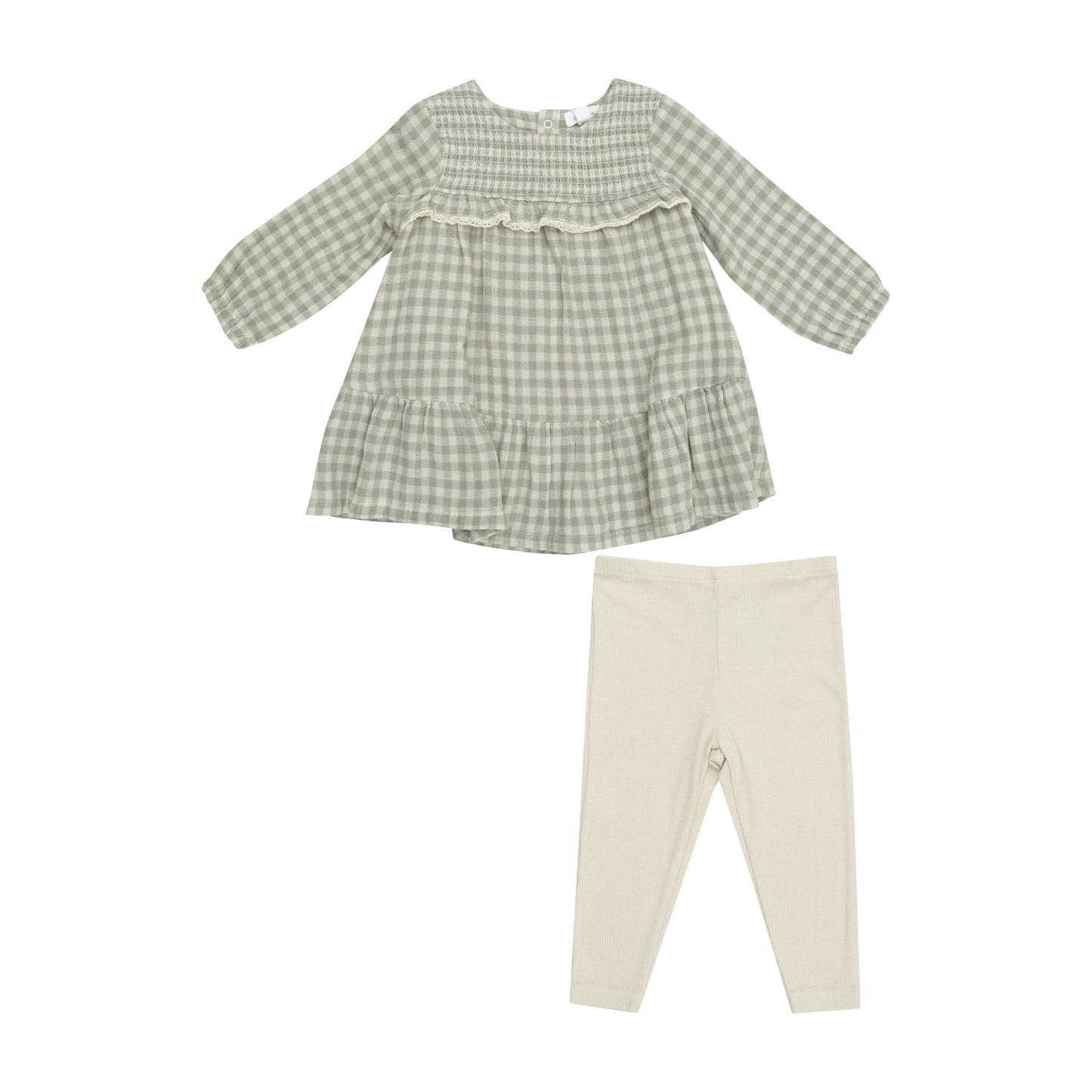 Mini Green Gingham Smocked Ruffle Tiered Dress & Ribbed Legging