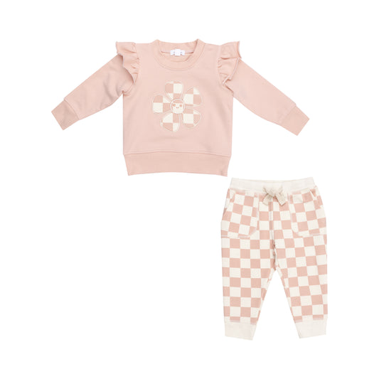 French Terry Checkerboard Pink Set