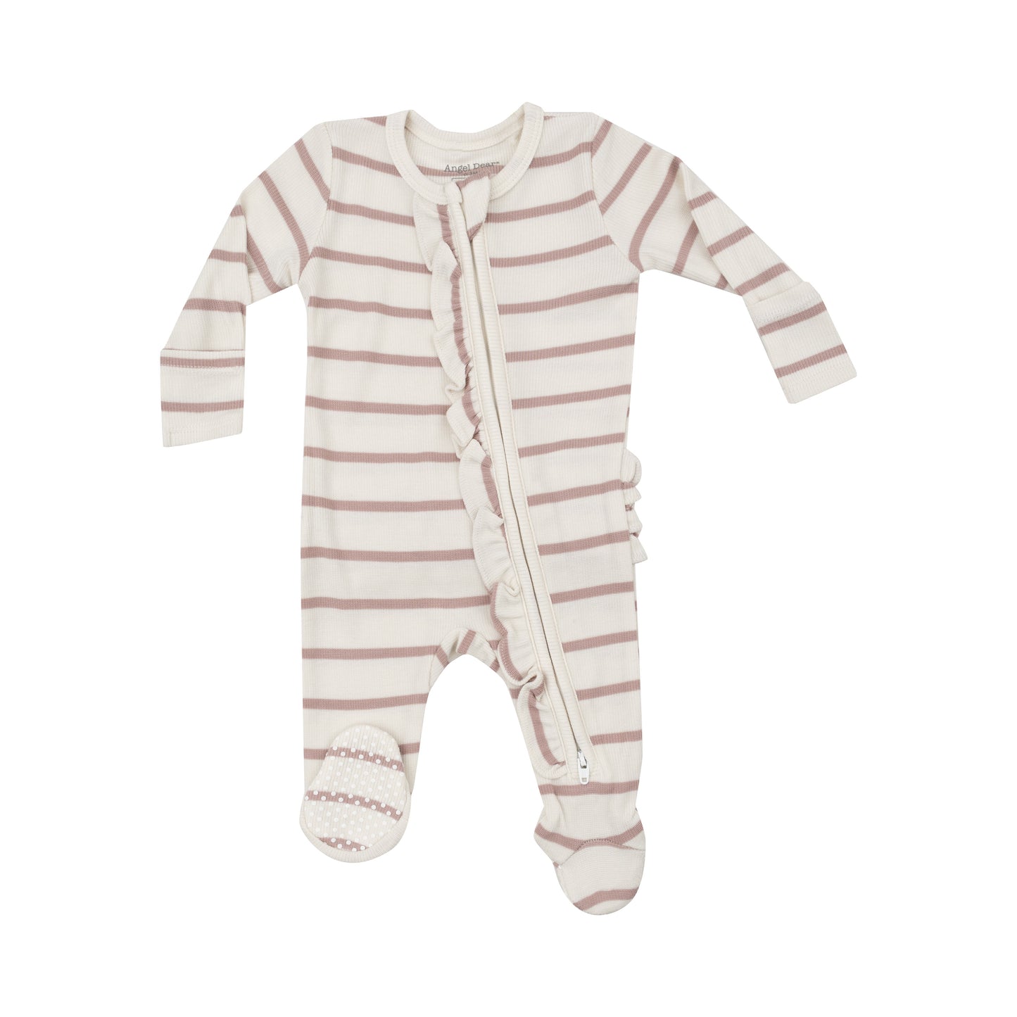 Ribbed Stripe Ruffle Zipper Footie-Misty Rose