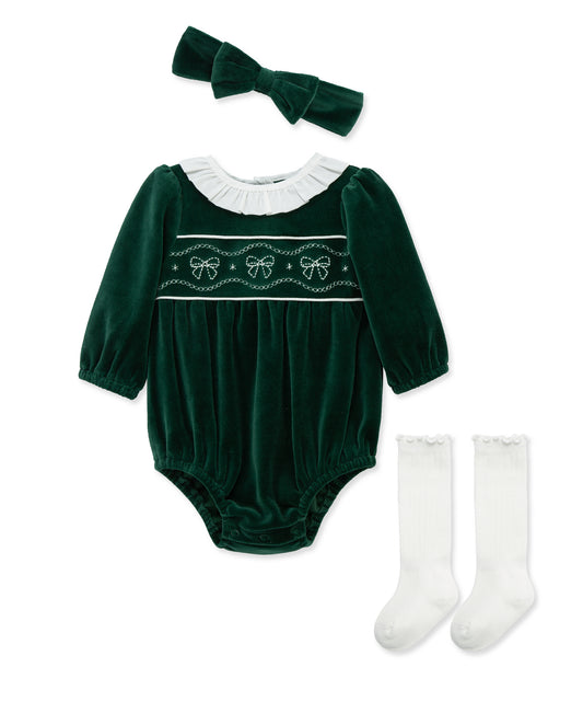 Bows Velour Bubble Set-Green