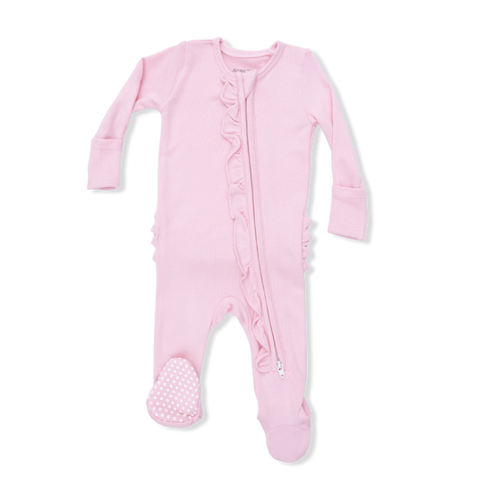 Solid Romance Rose Rib Ruffle Front Zipper Footie