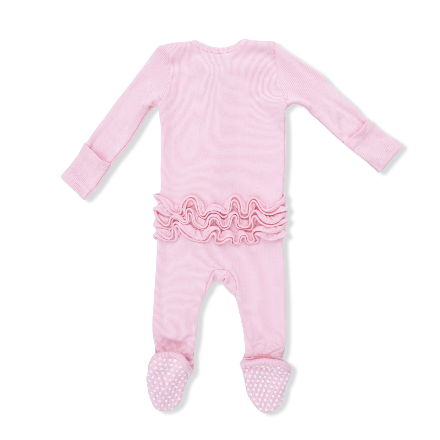 Solid Romance Rose Rib Ruffle Front Zipper Footie