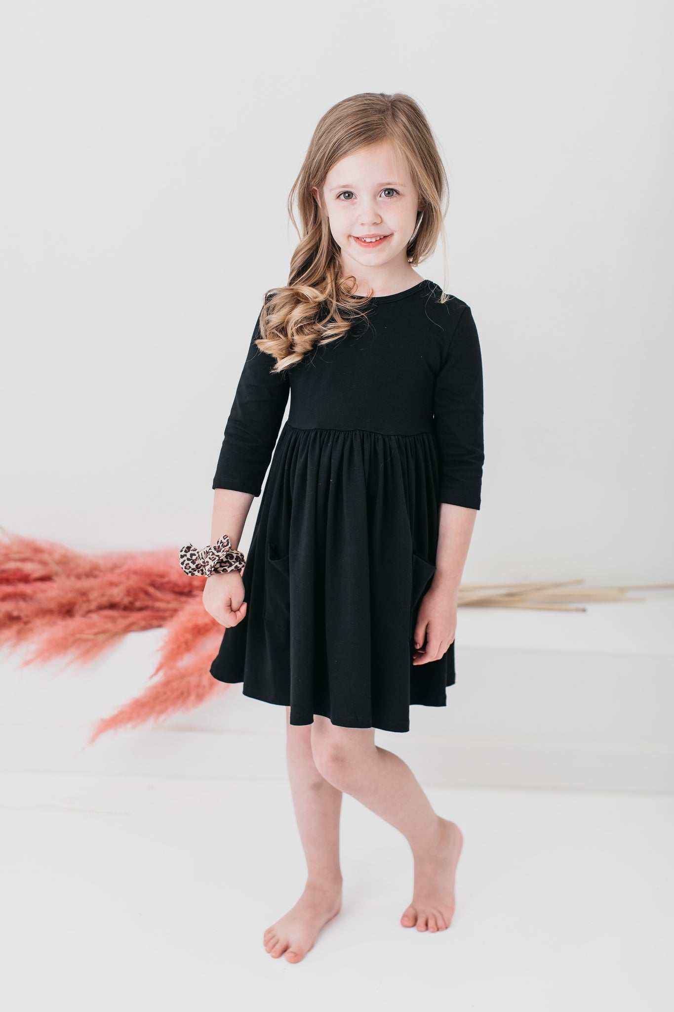 3/4 Sleeve Pocket Twirl Dress-Black