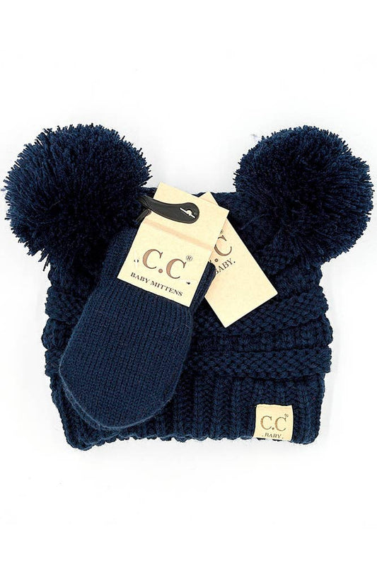 Baby Pom Beanie and Mittens-Navy