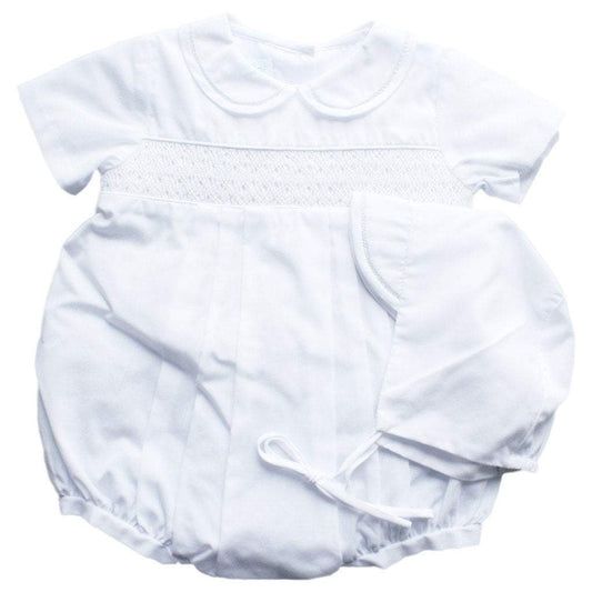 Smocked Romper/Hat-WHT-NB